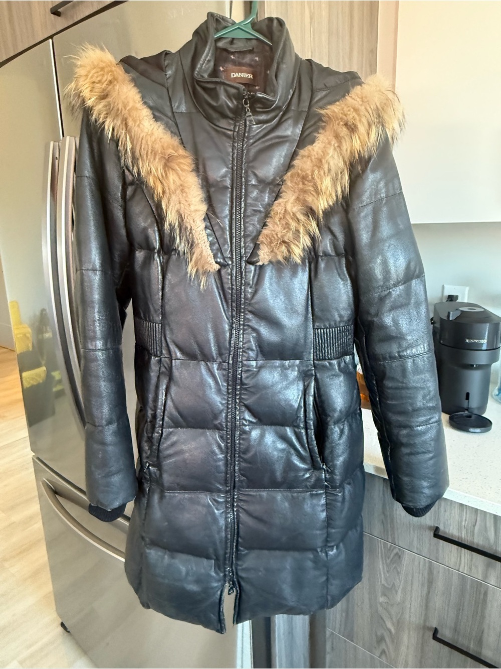 Danier Black Quilted Leather Puffer Coat with Brown Faux-Fur Hood Trim - 600$OBO